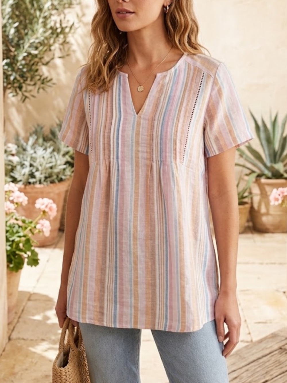 🐠C&C California Boho 100% Linen Pastel Striped Short Sleeve Top notched neck